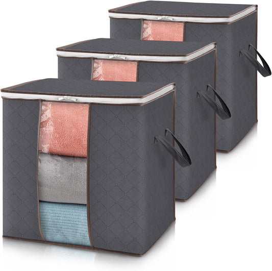 Clothes Storage Bag 90L Large Capacity Organizer with Reinforced Handle Thick Fabric for Comforters, Blankets, Bedding, Foldable with Sturdy Zipper, Clear Window, 3 Pack, Grey