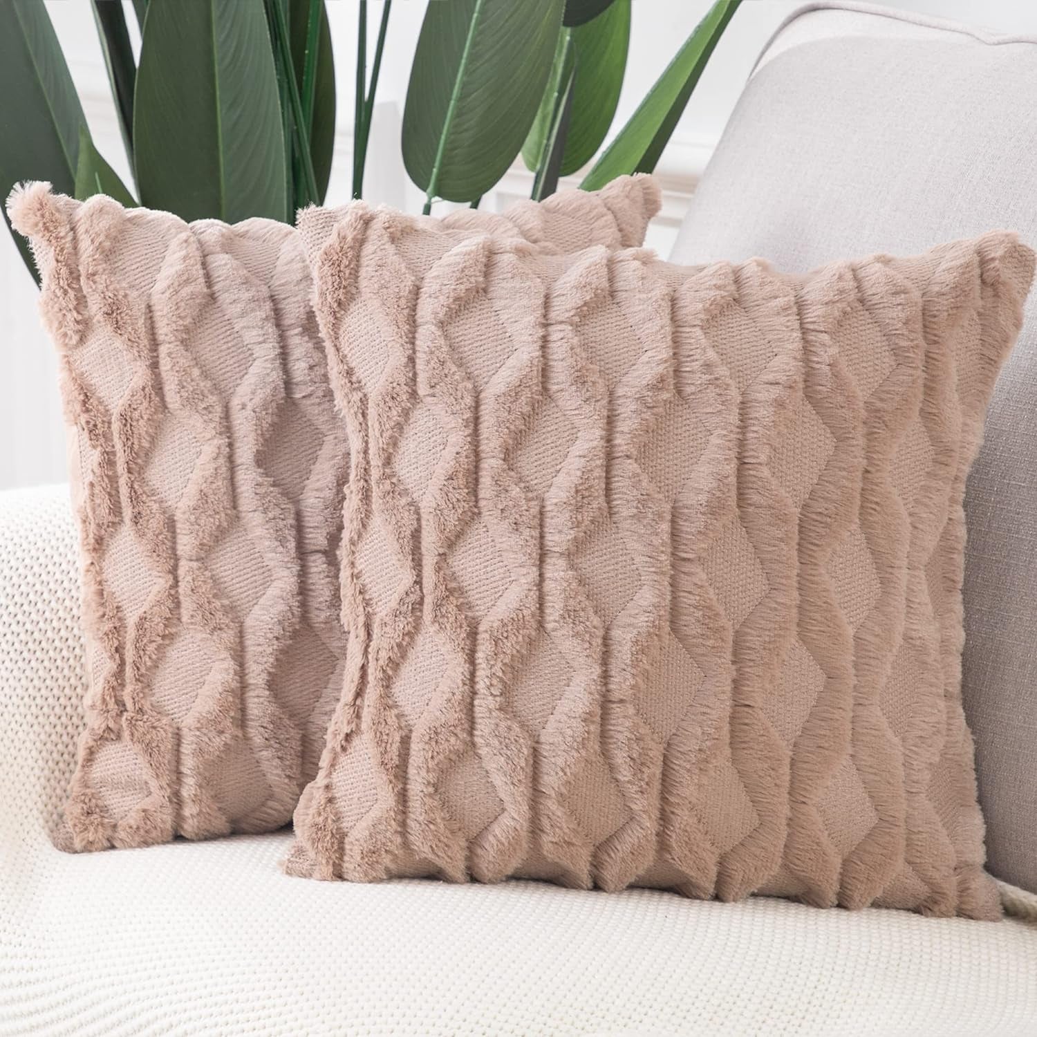 Set of 2 Soft Polyester Short Wool Velvet Decorative Throw Pillow Covers 26X26 Inch Light Brown Square Luxury Style Cushion Cases European Pillow Shell for Sofa Bedroom